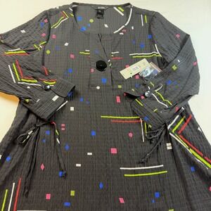 Ali Miles Tunic Top Women L Black Multi Geometric Long Sleeve Art to Wear NWT
